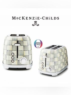 MacKenzie-Childs Sterling Check 2-Slice Toaster Checker in Cream, Gray NWT $180
